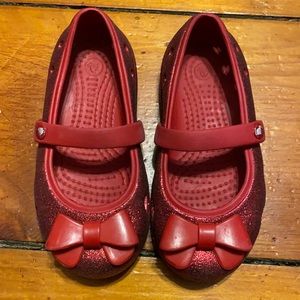 Red sparkle crocs size 9